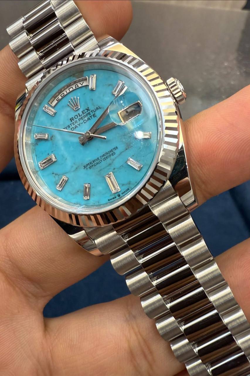 Rolex Day-Date 40mm – Platinum with Turquoise Dial & Baguette Diamond Hour Markers - Image 6