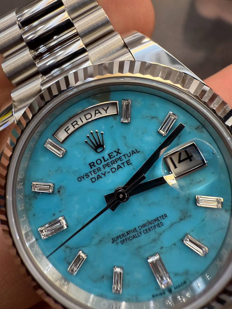 Rolex Day-Date 40mm – Platinum with Turquoise Dial & Baguette Diamond Hour Markers - Image 2